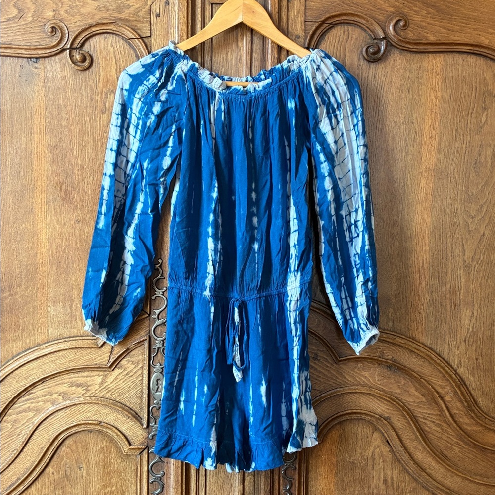 Style Envy blue and white tie-dye long sleeve off-the-shoulder romper